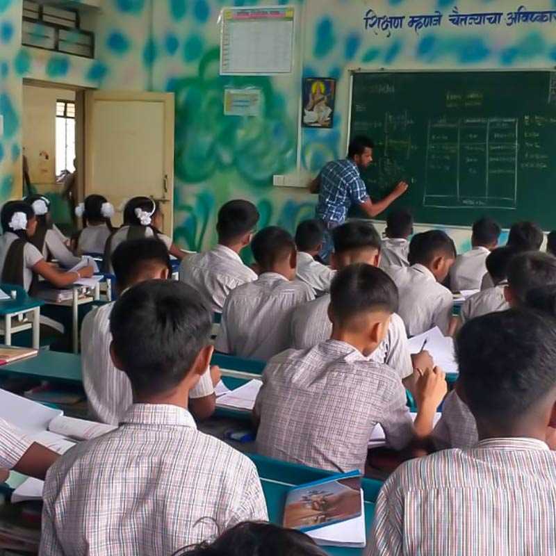 A teacher of Child Help Foundation  teaching in the classroom in our Govt Ashram School in Maharashtra, India