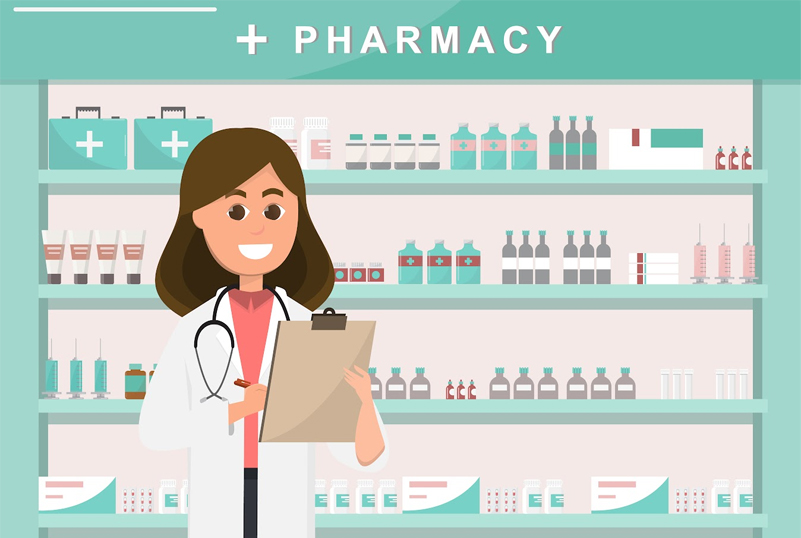 An animated image of female pharmacist at pharmacy